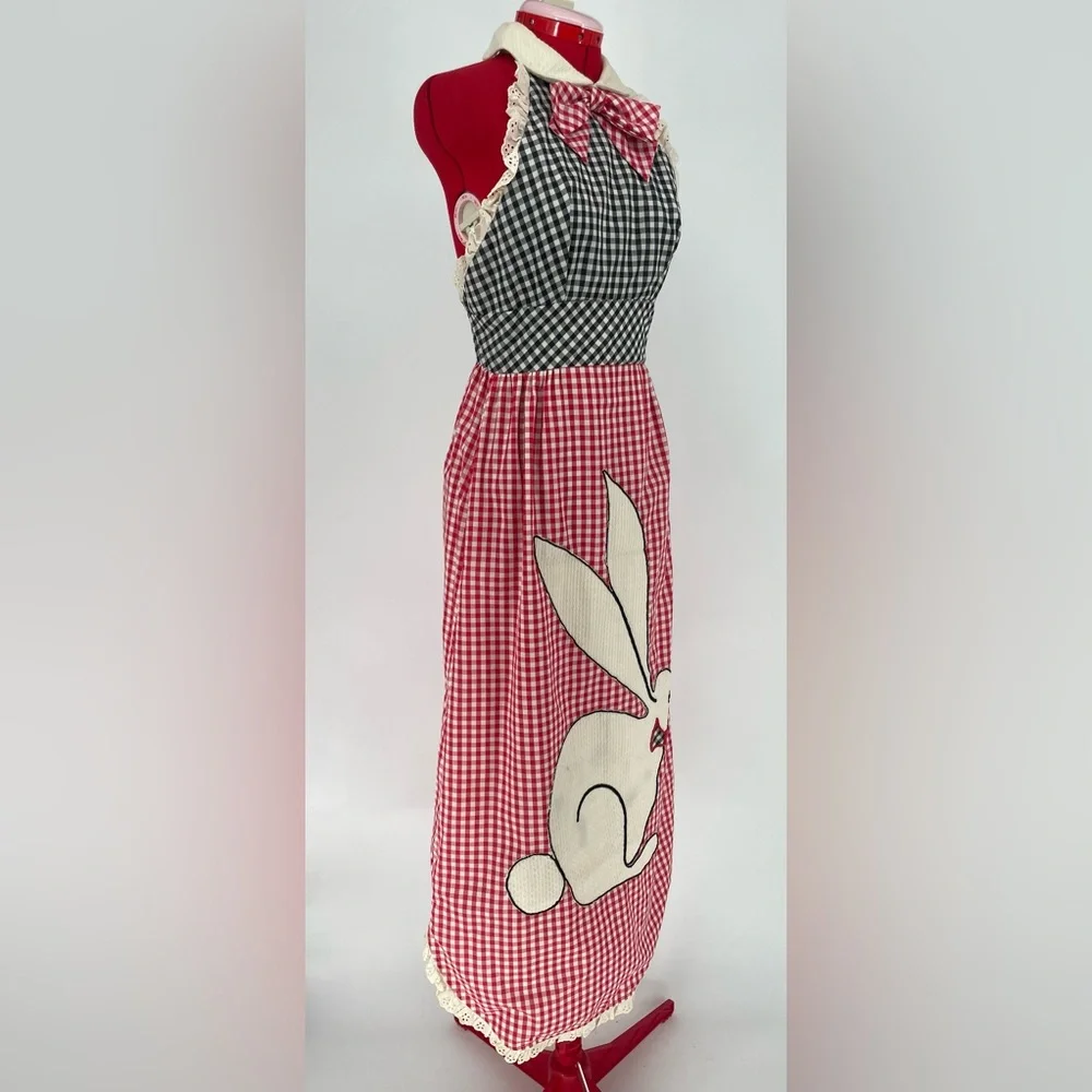 60s/70s Cottagecore Novelty Rabbit Appliqué Gingham Color-blocked Maxi Dress - Picture 5 of 14